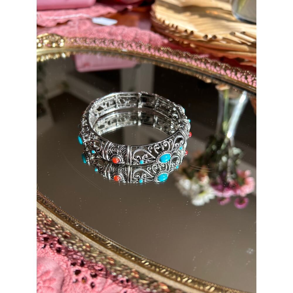 Silver Stretch Cuff w/ Turquoise and Tigers Eye